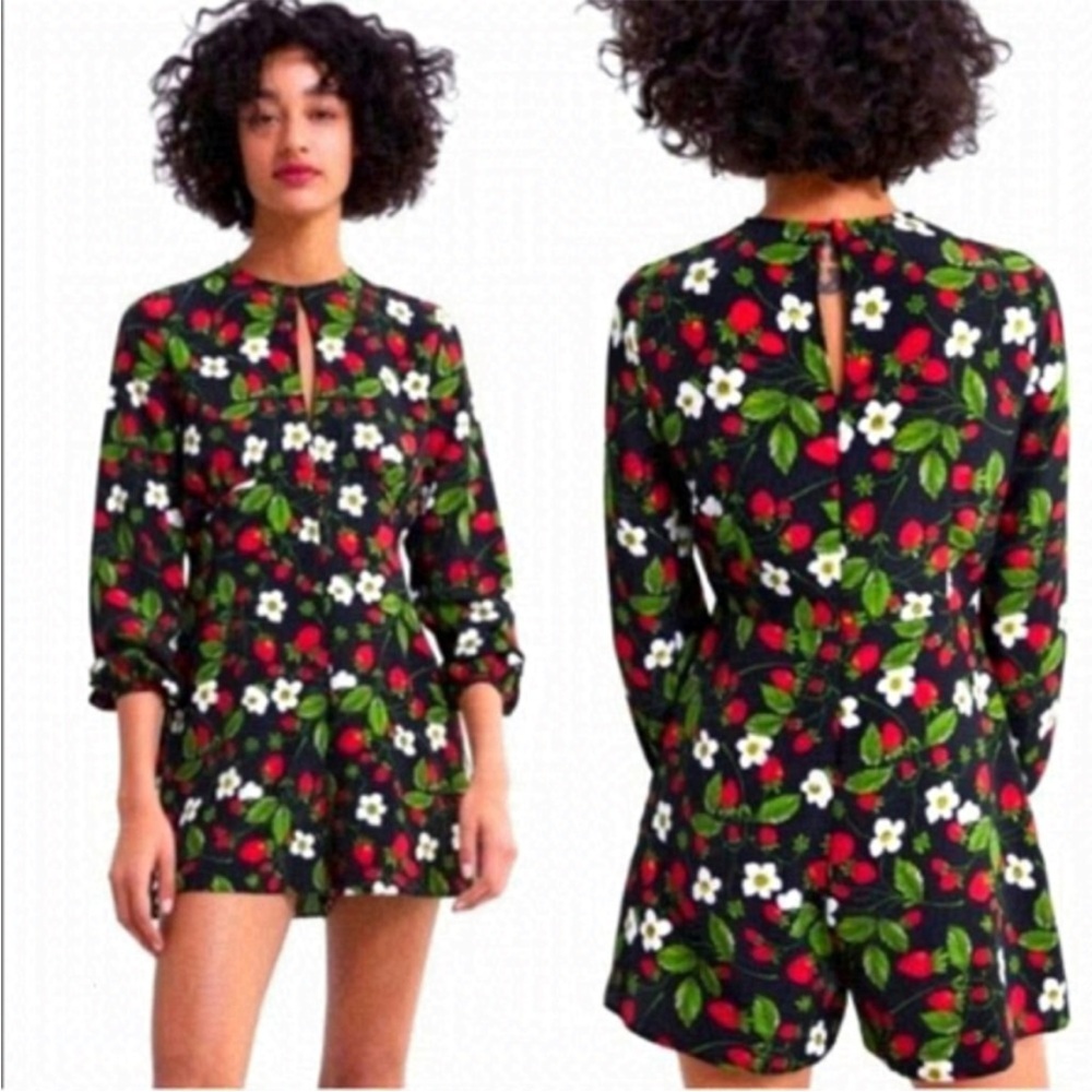 ZARA Black Strawberry Pattern 3/4 Sleeve Romper Sz S